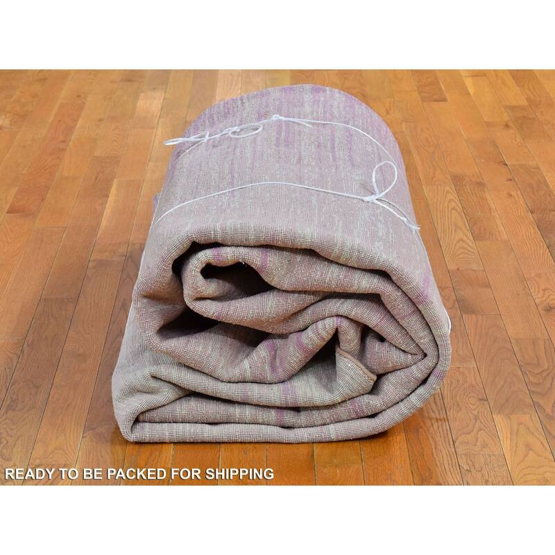 Shahbanu Rugs Zero Pile Pure Wool Only Horizontal Ombre Design Pink with Touches of Ivory Hand